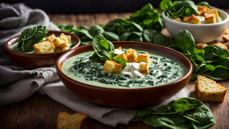 Cream of spinach soup on old backgroundの素材