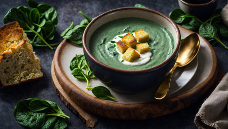 Cream of spinach soup on old backgroundの素材
