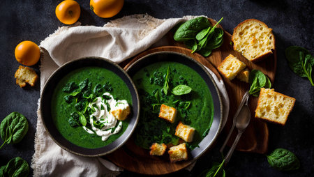 Cream of spinach soup on old backgroundの素材