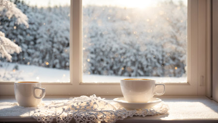 Cup of coffee on the windowsill, scarf on the background of the windowの素材