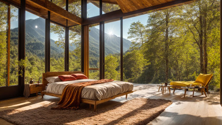 Beautiful cozy bedroom in an eco house in natureの素材