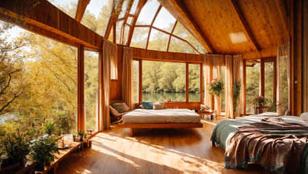 Beautiful cozy bedroom in an eco house in nature, riverの素材