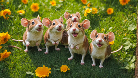 Many funny mouse  in the clearingの素材