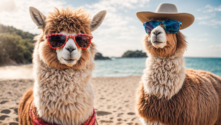 cute funny alpaca in sunglassesの素材