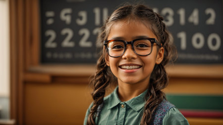 Happy schoolgirl with glasses on chalkboard backgroundの素材