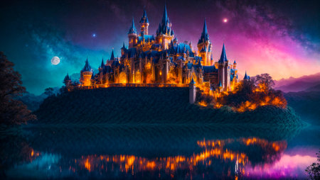 Fantastic fairytale castle, night, moonの素材