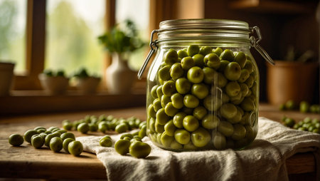 Canned green peas on a table in the kitchenの素材