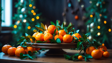 Appetizing fresh tangerines, candles, Christmas tree branchの素材