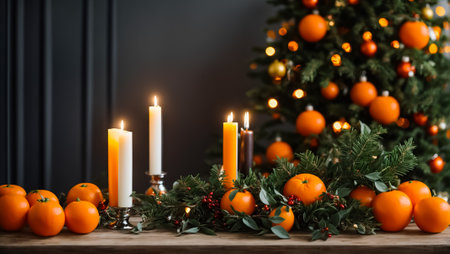 Appetizing fresh tangerines, candles, Christmas tree branchの素材