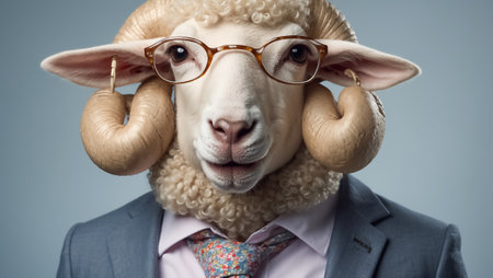 Portrait of a sheep with glasses and a business suitの素材