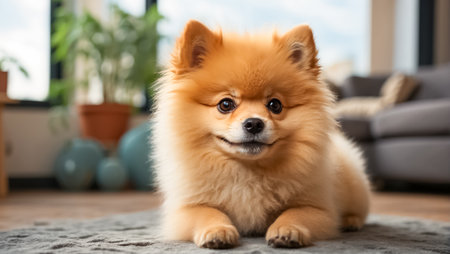 Cute Pomeranian puppy in the roomの素材
