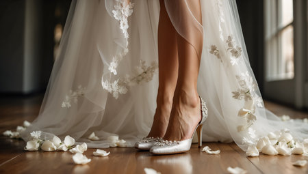 Legs of the bride in beautiful shoes, dress, flower petalsの素材