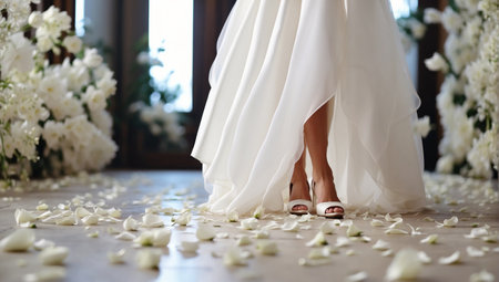 Legs of the bride in beautiful shoes, dress, flower petalsの素材