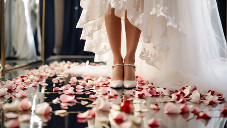 Legs of the bride in beautiful shoes, dress, flower petalsの素材