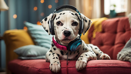 Cute Dalmatian dog wearing headphones on the sofaの素材