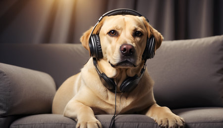 Cute Labrador dog wearing headphones on the sofaの素材