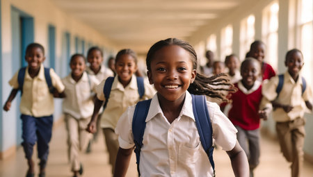 Portrait of African schoolchildren in a school corridorの素材