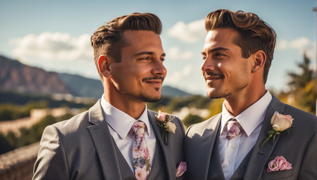 Couple of newlyweds men happyの素材