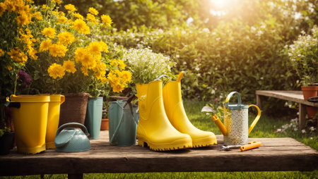 Gardening boots, flower pots in the gardenの素材