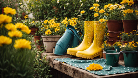 Gardening boots, flower pots in the gardenの素材