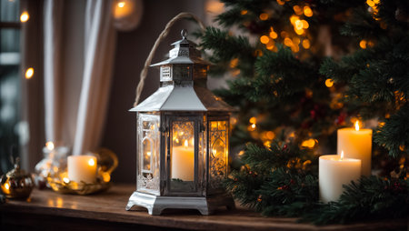 beautiful vintage lantern, winter, Christmas tree branchの素材