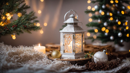 beautiful vintage lantern, winter, Christmas tree branchの素材