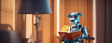 Cute cartoon dog - robot reading a book at homeの素材