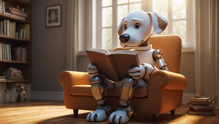 Cute cartoon dog - robot reading a book at homeの素材