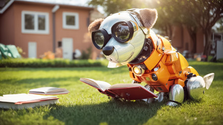 Cute cartoon dog - robot reading a book on the street near the houseの素材