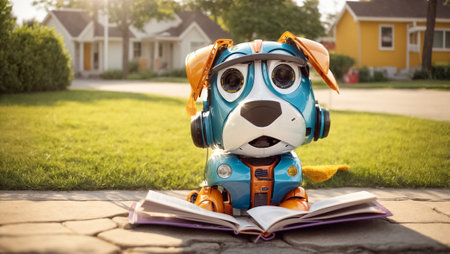 Cute cartoon dog - robot reading a book on the street near the houseの素材