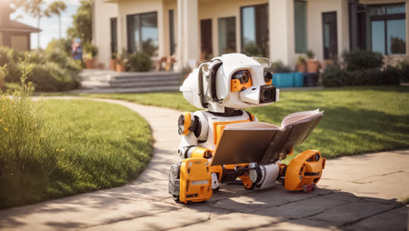 Cute cartoon dog - robot reading a book on the street near the houseの素材