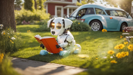 Cute cartoon dog - robot reading a book on the street near the houseの素材