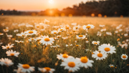 Beautiful summer chamomile flowers on a clearing close-up, backgroundの素材