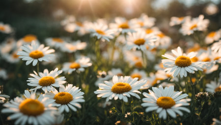Beautiful summer chamomile flowers on a clearing close-up, backgroundの素材