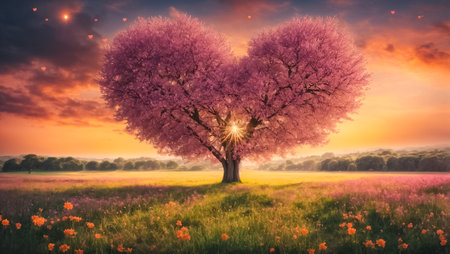 Heart-shaped tree, flowers, beautiful landscapeの素材