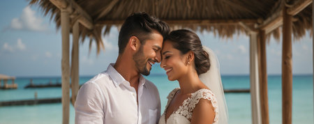 Portrait of happy newlyweds at seaの素材