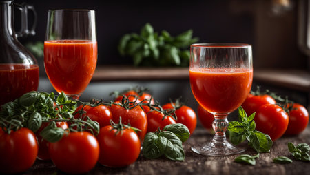 Fresh tomato juice in a glass, basil on kitchen backgroundの素材