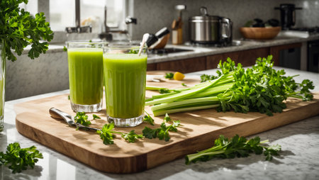 Fresh celery juice in a glass, against the kitchen backgroundの素材