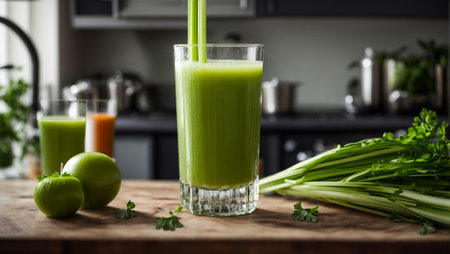 Fresh celery juice in a glass, against the kitchen backgroundの素材