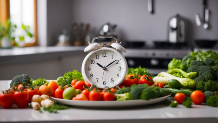 Alarm clock, fresh assorted vegetables on kitchen backgroundの素材