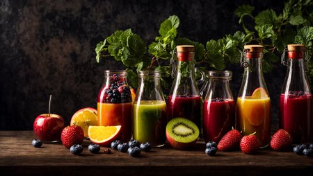 Bottles with fresh smoothie, orange, raspberry, blueberry on old backgroundの素材