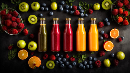 Bottles with fresh smoothie, orange, raspberry, blueberry on old backgroundの素材