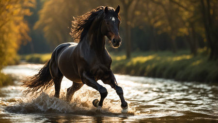 magnificent dark horse runs in the river in natureの素材