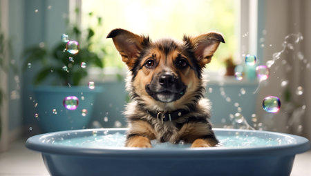 Cute funny puppy bathes in a basin in the bathroomの素材