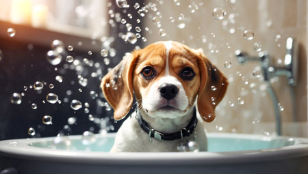 Cute funny Beagle puppy bathes in a basin in the bathroomの素材