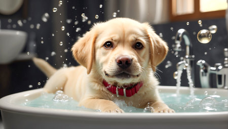 Cute funny Labrador puppy bathes in a basin in the bathroomの素材