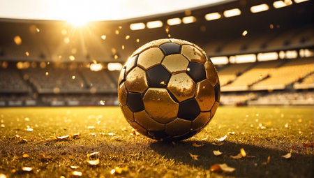 Golden soccer ball against the backdrop of an empty stadiumの素材