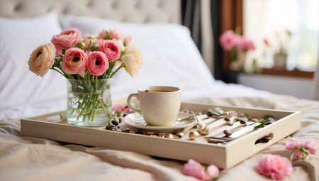 Tray with a cup of coffee, vase with flowers on the bed in the roomの素材