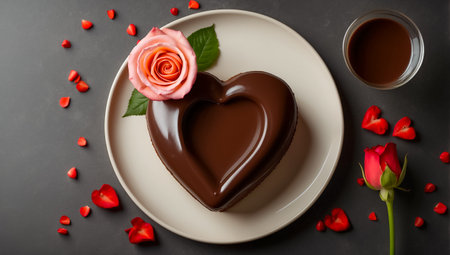 Beautiful heart shaped cake with chocolate icing, rose flowerの素材