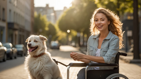 Beautiful girl in a wheelchair with a dog on the street in the cityの素材